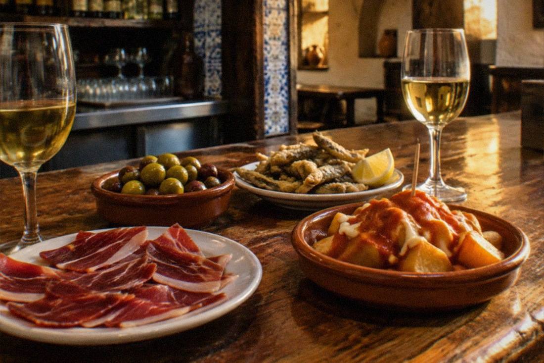 A small spread of Granada tapas dishes and glasses of local wine on a rustic wooden bar top.