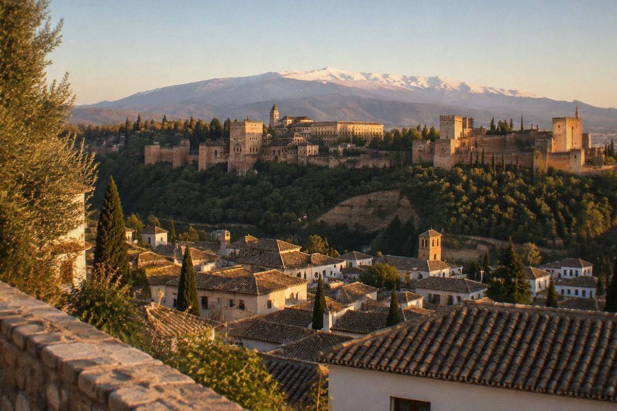 A view over Granada's Albaicin rooftops toward the Alhambra and the Sierra Nevada from a hillside viewpoint.