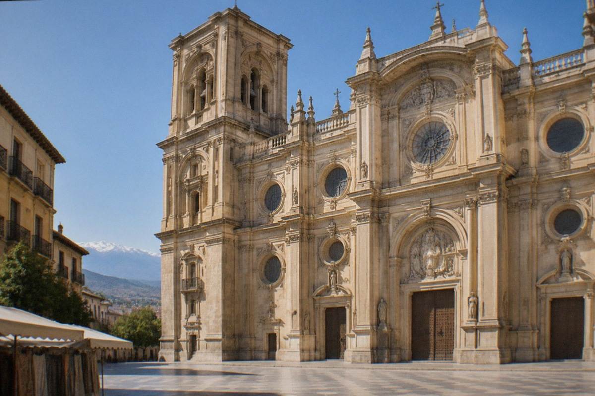 Granada Cathedral's pale stone facade rising above a plaza in the historic centre.