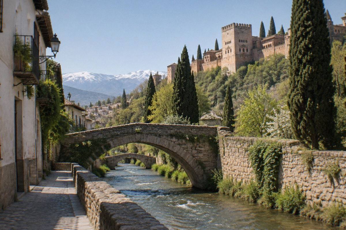 The Darro river running below old stone bridges and the Alhambra's walls in central Granada.