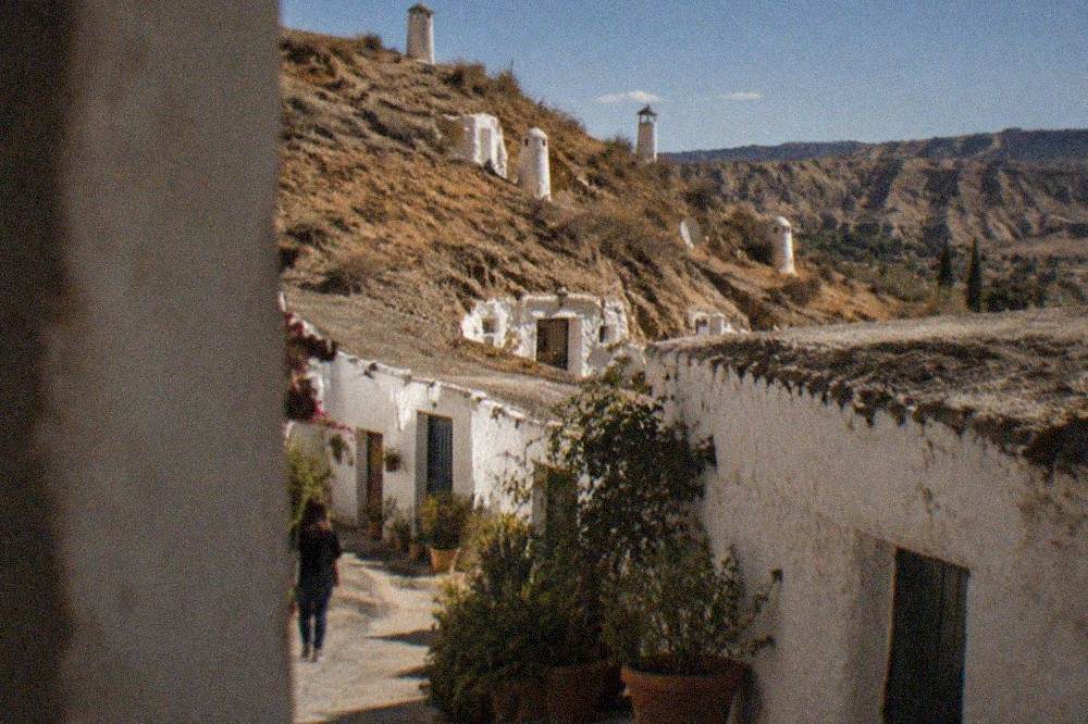 Narrow lane on the Sacromonte hillside with cave house doors and potted plants at dusk in Granada