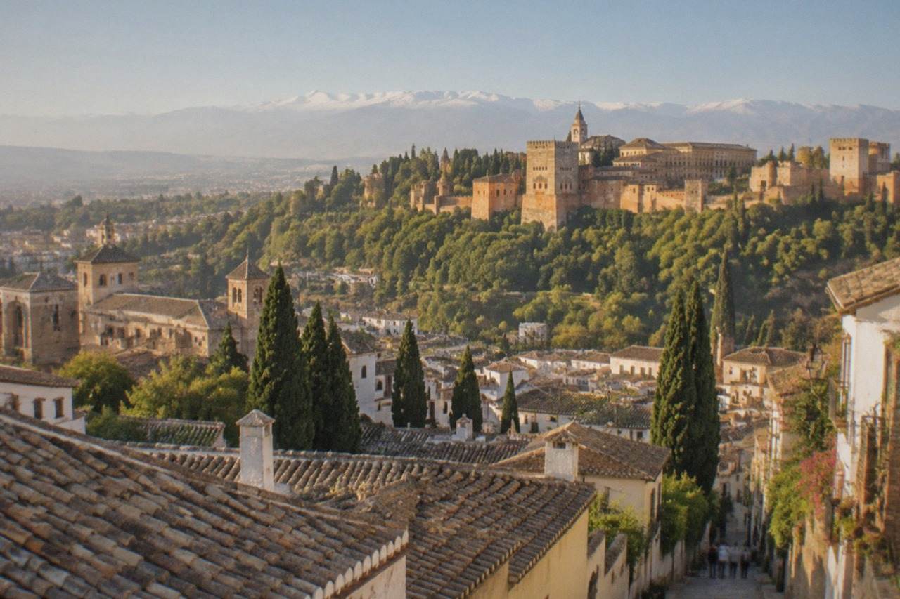 View across Granada toward the Alhambra palace complex on its hill at golden hour