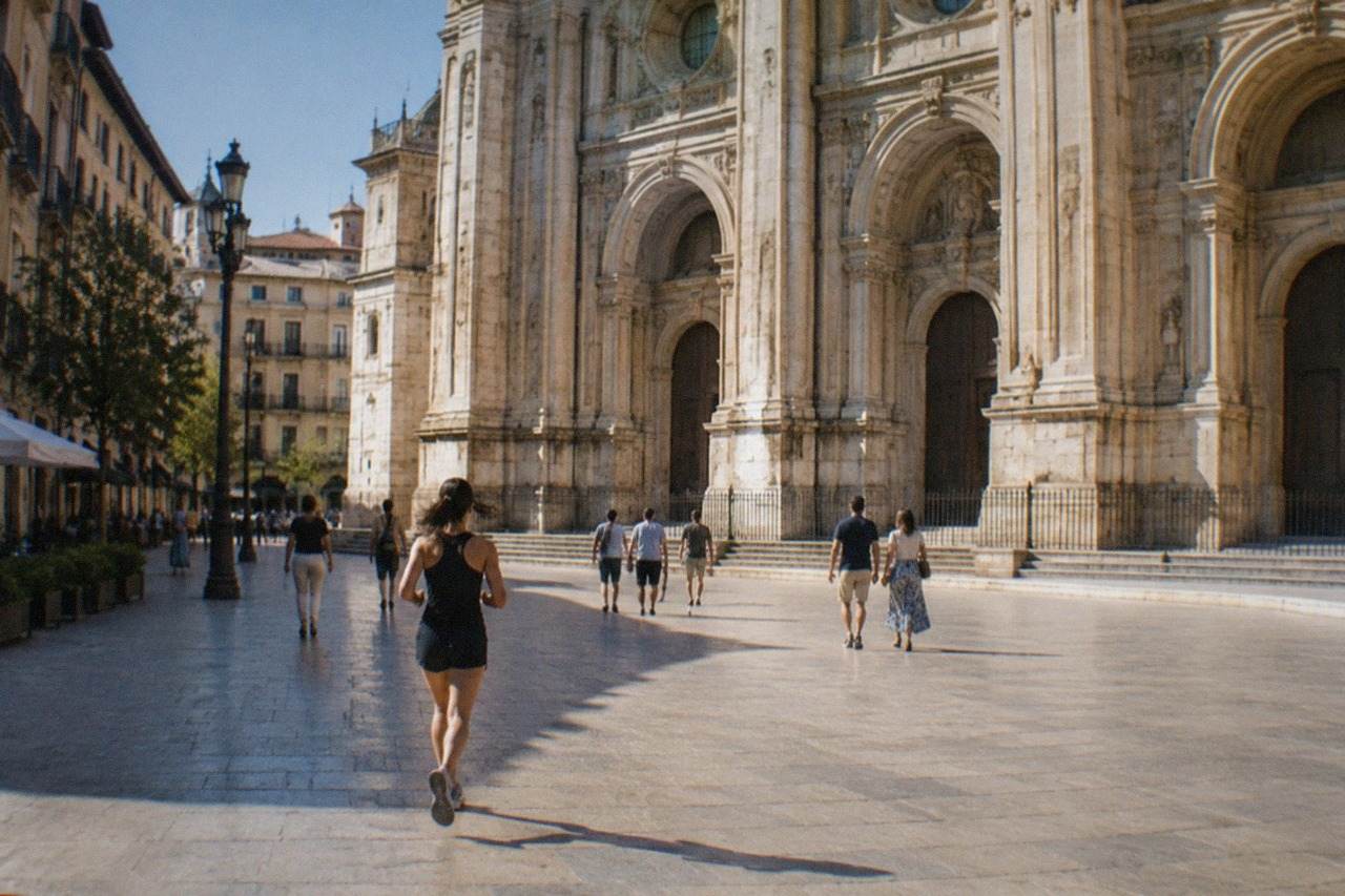The grand Renaissance facade of Granada Cathedral seen from the Gran Via with pedestrians in the square
