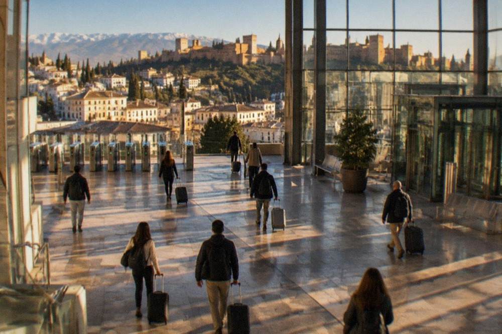 Passengers walking through the concourse of Granada railway station with luggage