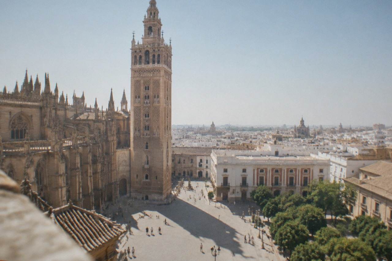 A high-speed train parked at a station platform under a bright Andalusian sky