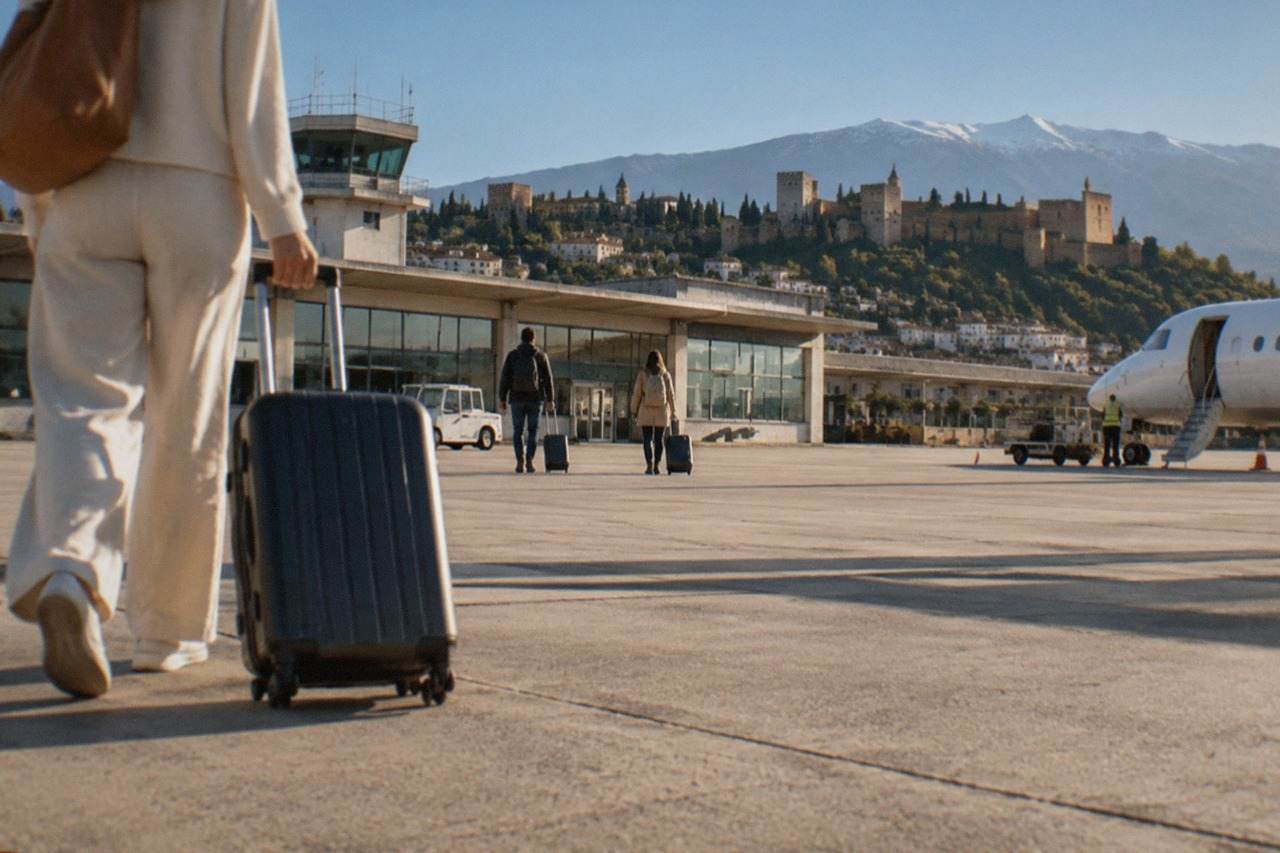 A small regional airport terminal under a clear Andalusian sky with hills in the distance