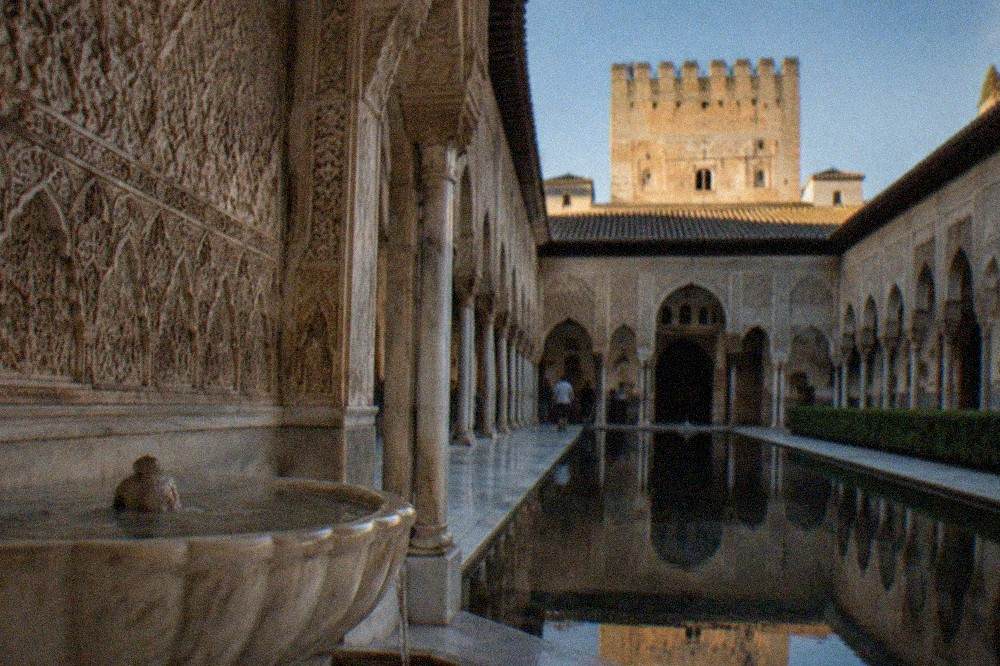 A close view of carved stucco walls and a marble fountain inside one of the Nasrid Palaces