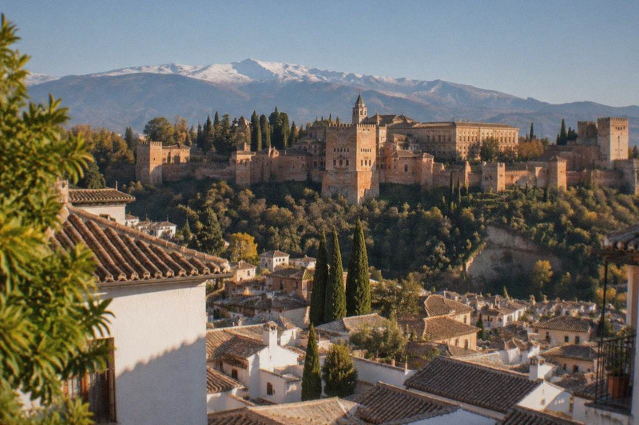 View across Granada rooftops toward the Alhambra on its hill at golden hour