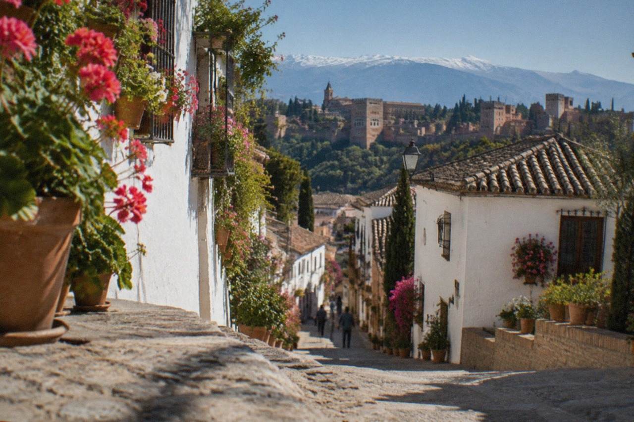 A whitewashed mountain village with narrow flower-lined lanes above the hills of Andalusia