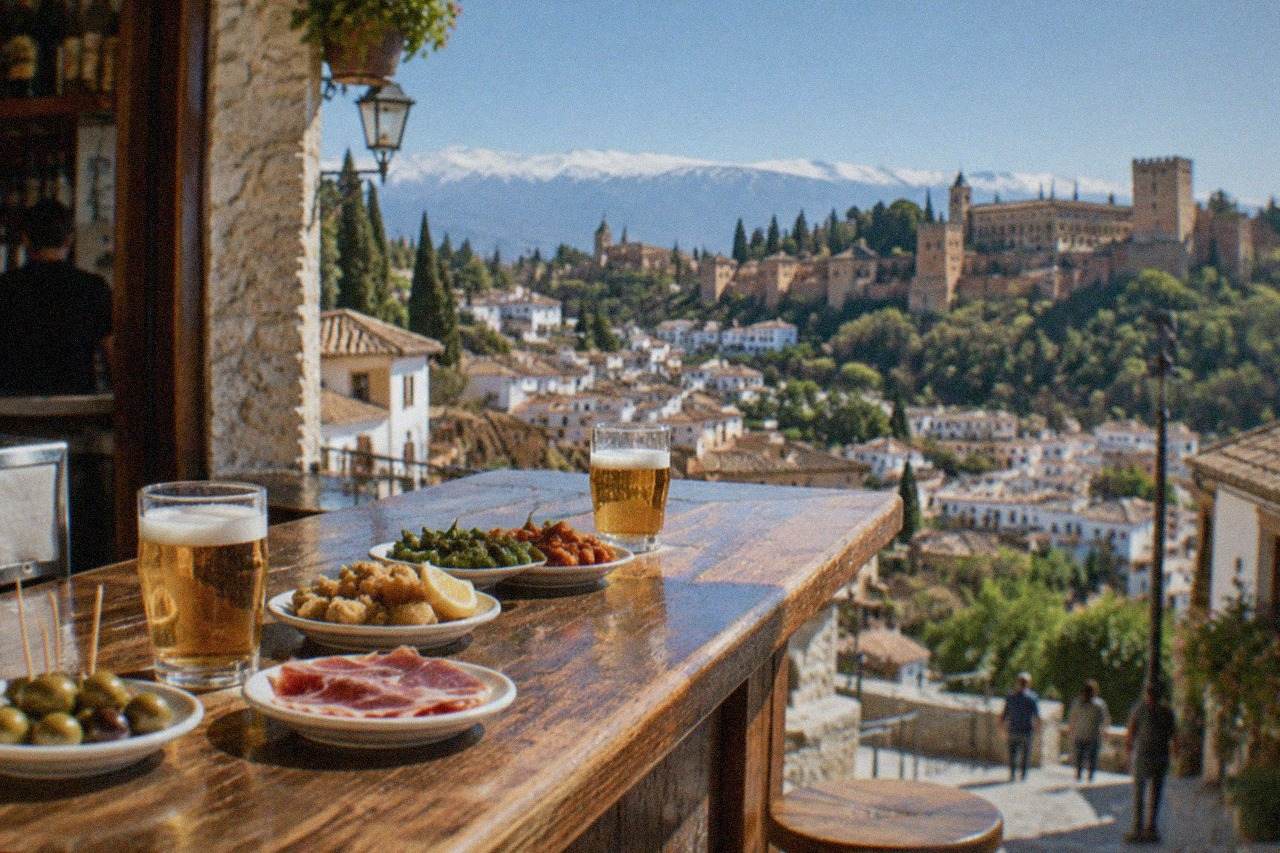 A traditional Granada bar counter with small plates of tapas and glasses of beer
