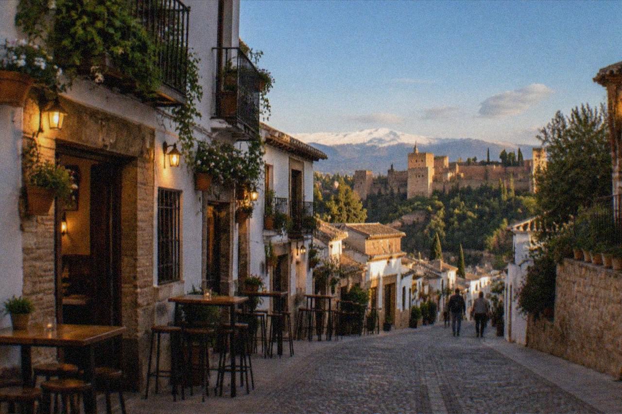 A narrow pedestrian street in Granada at dusk with small bar tables outside and warm lights above the doorways