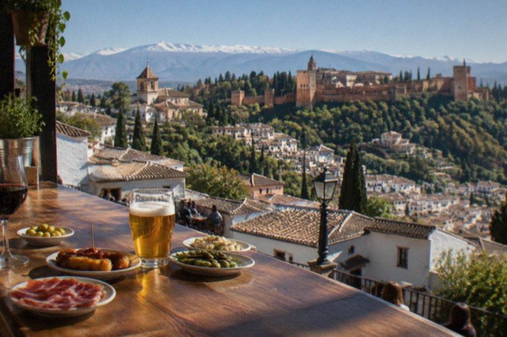 A tapas bar counter in Granada with small plates, glasses of wine and beer on the wooden bar top