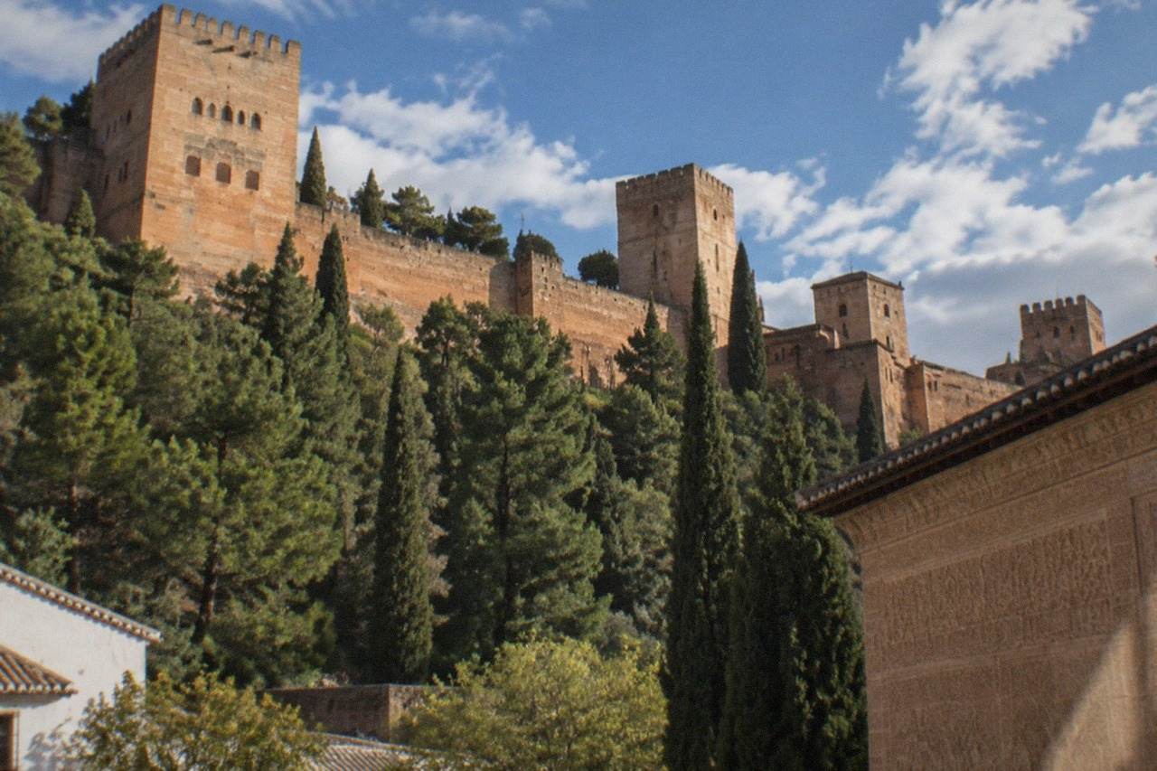 Carved Arabic calligraphy covering a palace wall inside the Alhambra in Granada