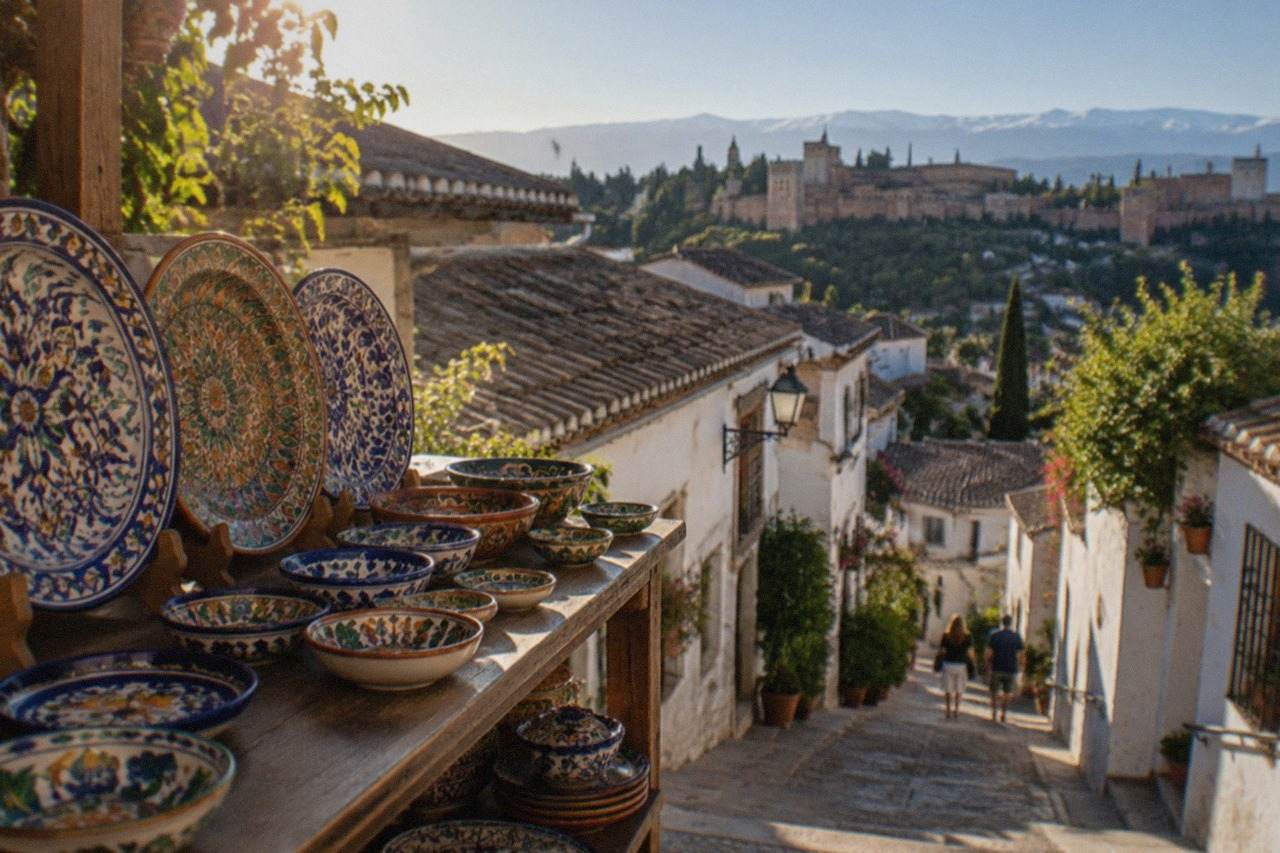 Ceramic plates and hand-painted bowls displayed on a wooden stall in a Granada shop