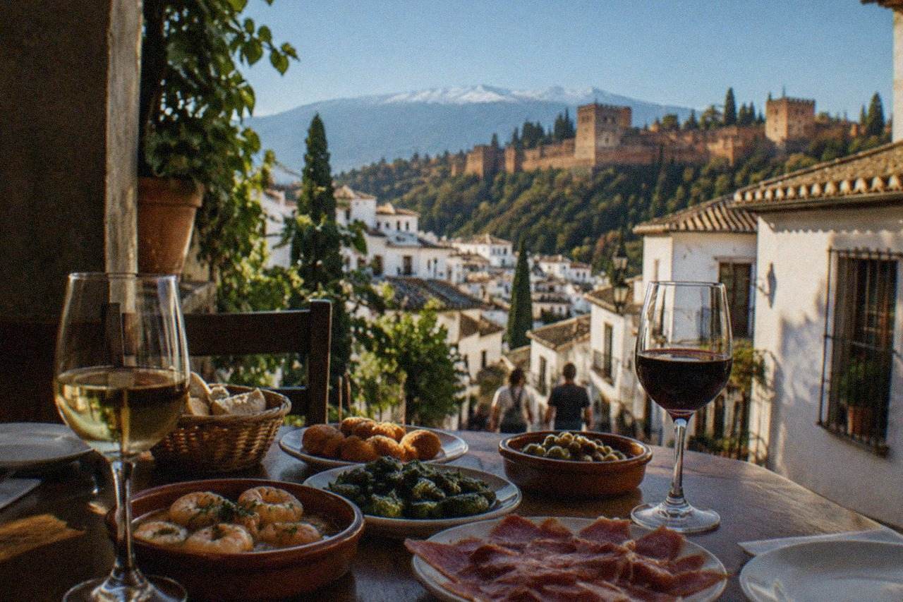 A table of Andalusian dishes with glasses of wine and small tapas plates in a Granada bar