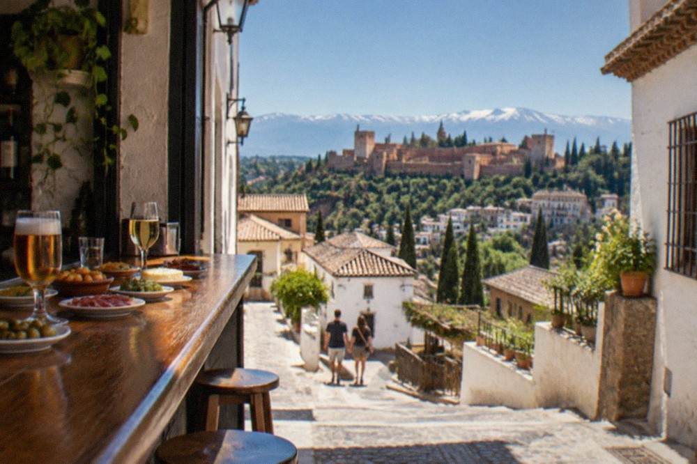 A narrow Granada tapas bar with small plates and drinks on the counter