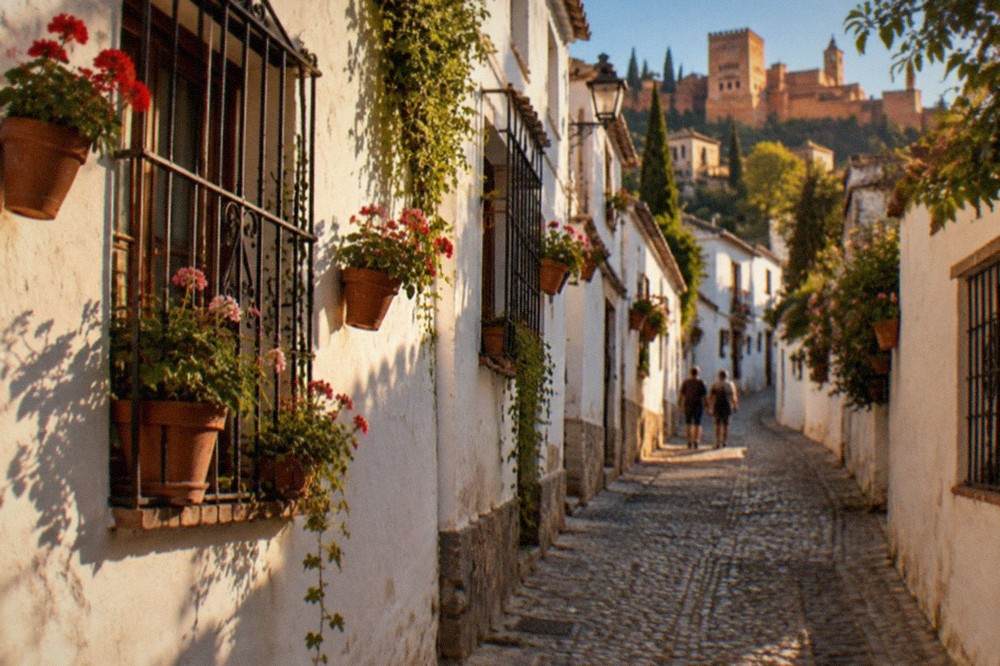 A narrow cobbled lane in the Albaicin with whitewashed walls and flower pots