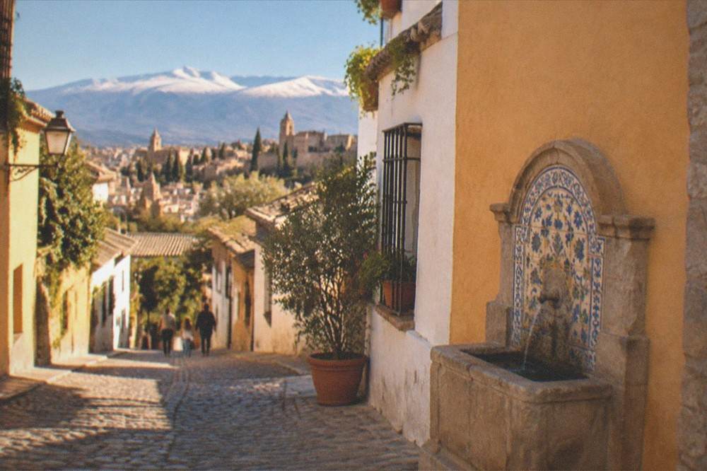 Sunset light on Realejo rooftops with the Sierra Nevada mountains on the horizon behind Granada