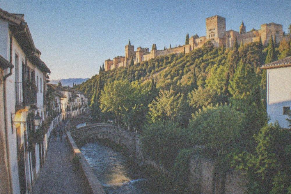 The wooded hillside rising from the river toward the walls and towers of the Alhambra