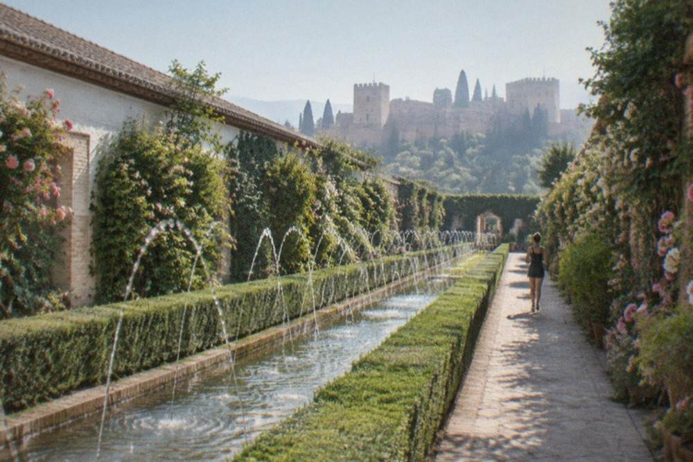 A long reflecting pool lined with hedges and water jets in the Patio de la Acequia of the Generalife