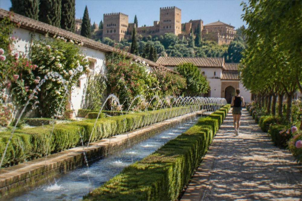 A tree-lined cobbled path climbing toward the walls and gate of the Alhambra complex