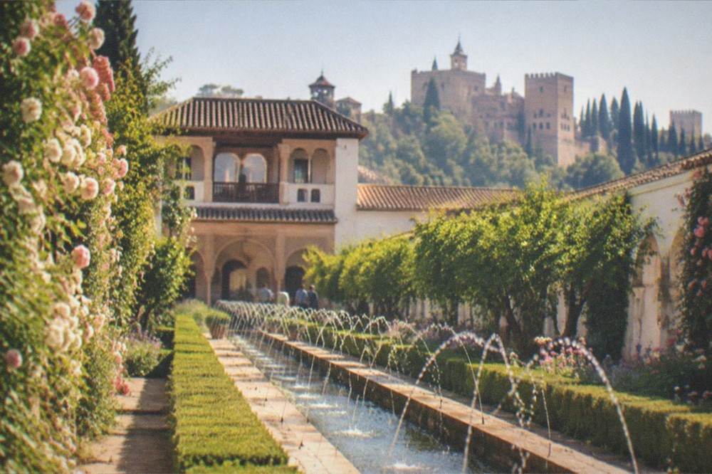Flowerbeds and clipped hedges framing a view of the Generalife pavilion in warm afternoon light