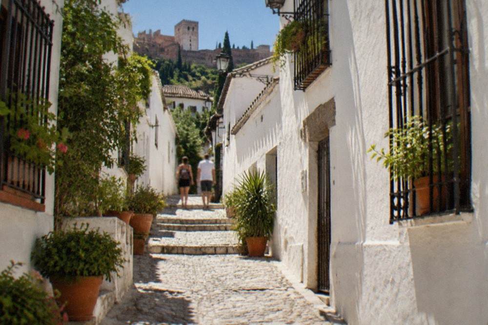 Narrow whitewashed street in the Albaicin quarter with potted plants and stone steps