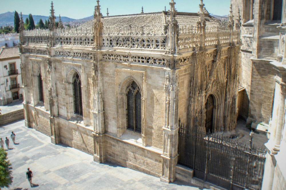 Stone facade of the Royal Chapel seen from the plaza beside the Cathedral