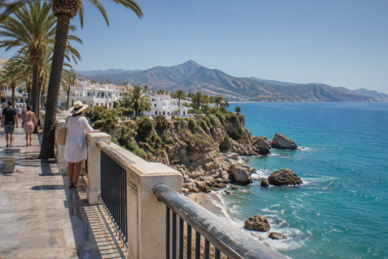 A view over the Mediterranean from a seaside promenade on a bright summer morning