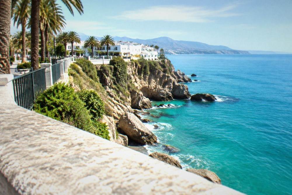 Clifftop promenade with palm trees and railings above a calm blue sea