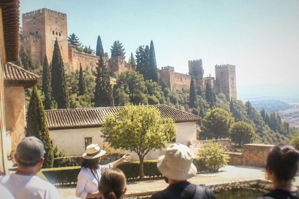 A guide leading a small group through a courtyard of the Alhambra palace complex