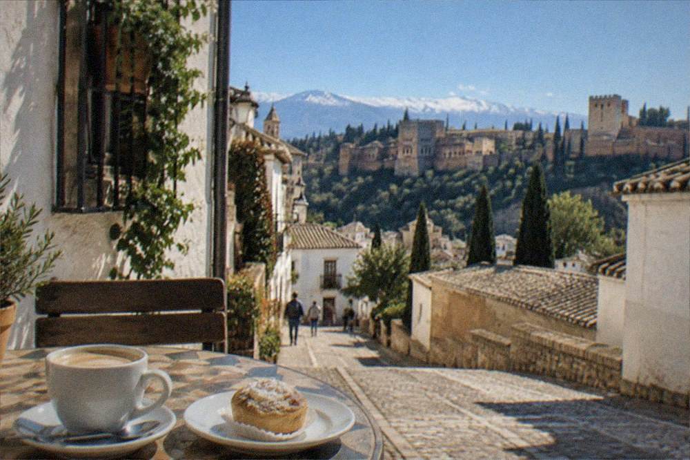 A table with a coffee, a small cream pastry and a morning newspaper on a Granada plaza
