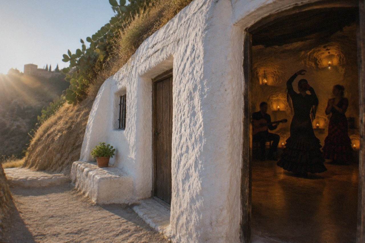A guitarist and two dancers performing flamenco inside a candle-lit cave venue with white walls