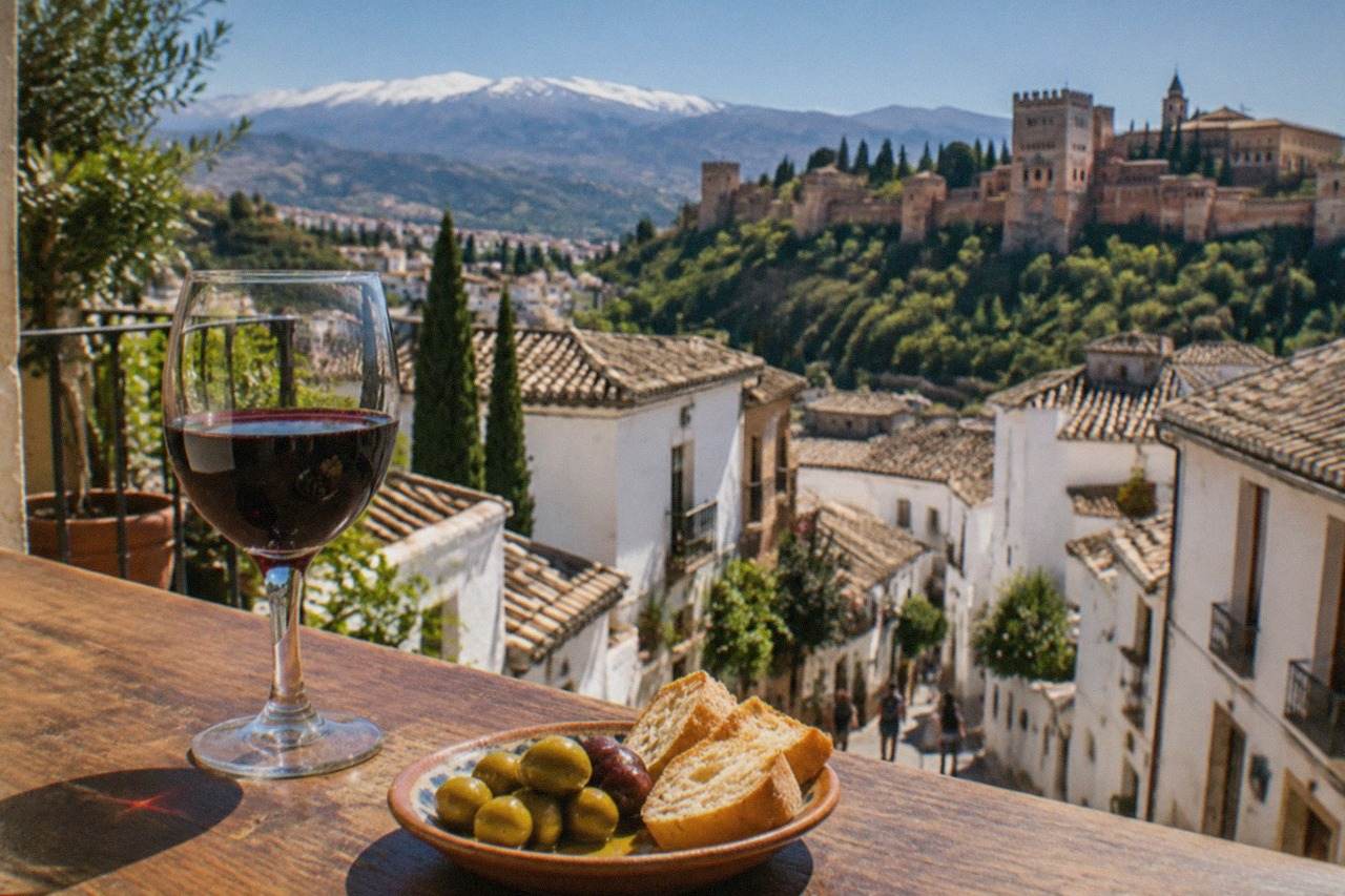 A small plate of olives and bread served beside a glass of wine on a Granada bar counter
