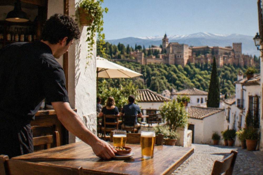 A barman in a Granada tapas bar placing a small dish next to two glasses of beer