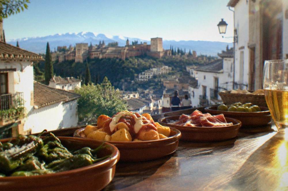 A row of small tapas plates lined along a wooden bar top in a Granada tavern