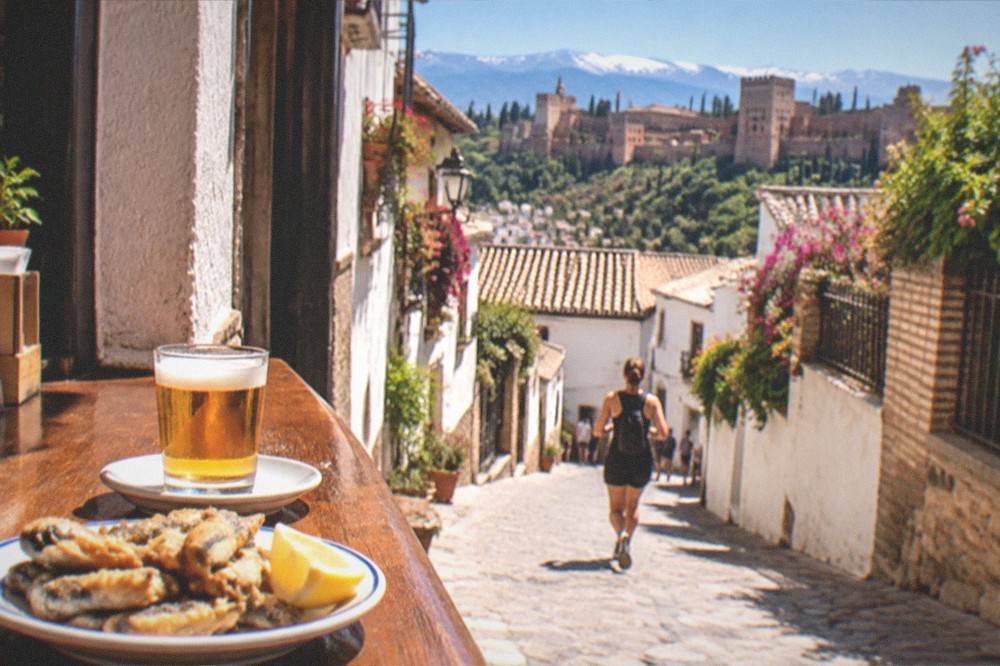 A tapa of fried fish and a small beer on a saucer held at a Granada bar counter