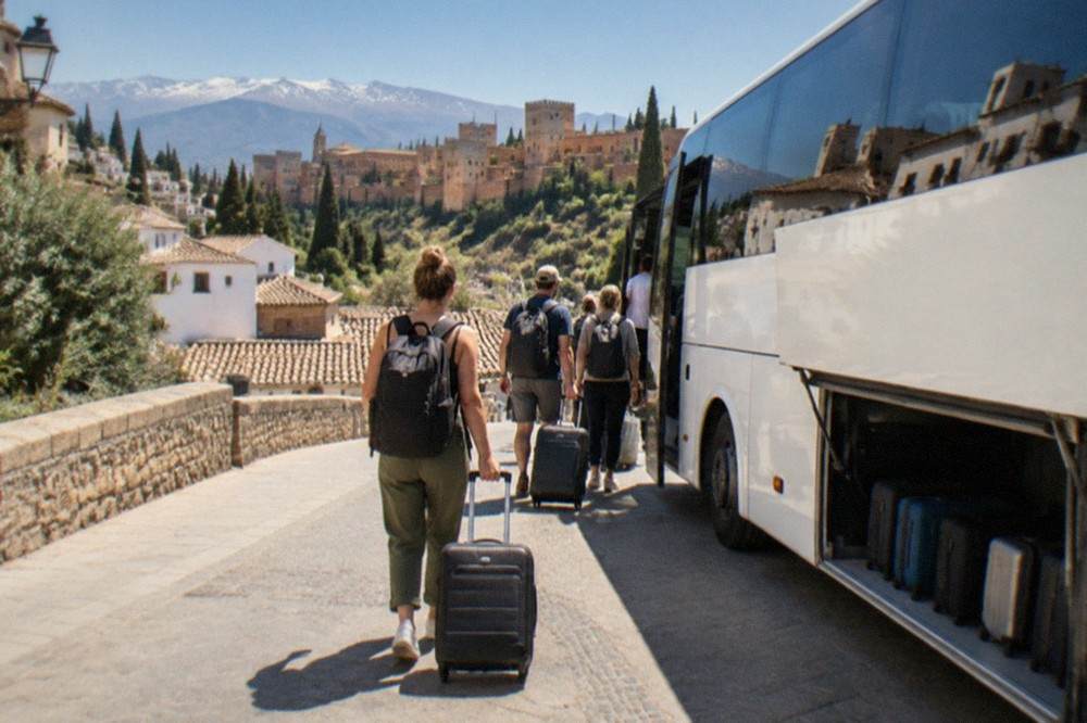 Passengers boarding a white airport coach with luggage stored in the side hold