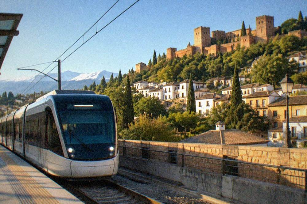A modern light metro train arriving at a surface station platform in a Spanish city