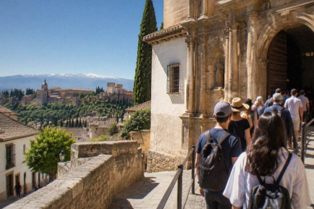 Visitors queuing at a stone ticket entrance beside a historic Granada monument facade