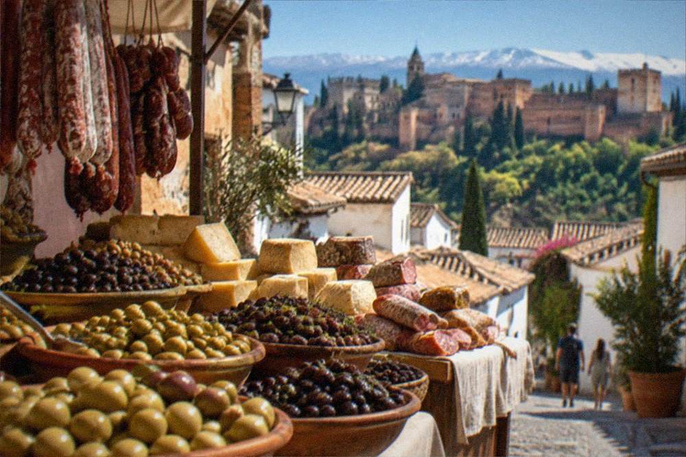 A market stall in Granada piled with olives, cheeses and cured sausages