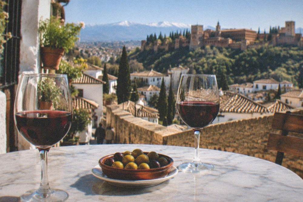 Two glasses of red wine and a plate of olives on a small marble table in a Granada bar