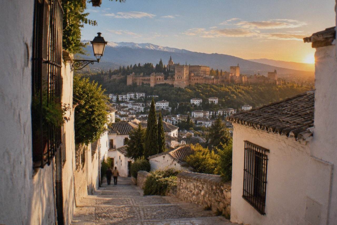 View over the Albaicin rooftops toward the Alhambra and Sierra Nevada at sunset