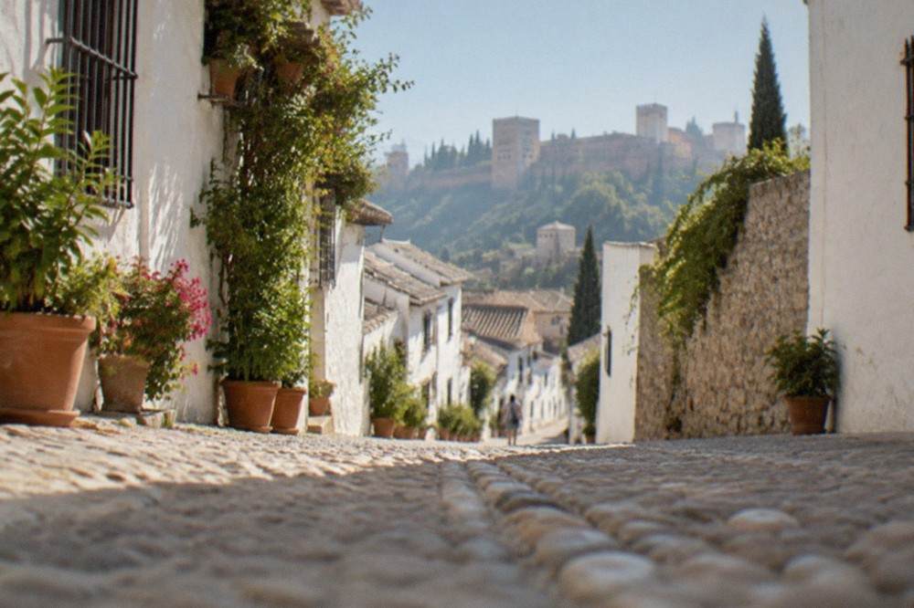 Narrow whitewashed street in the Albaicin with potted plants and old Moorish walls