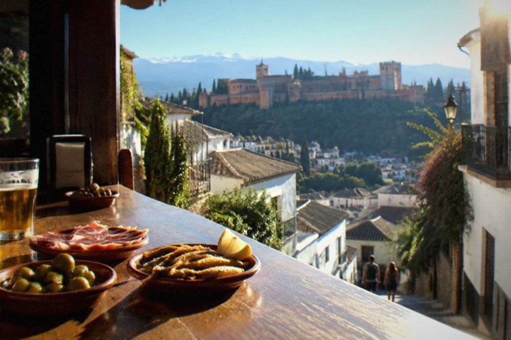 Small plates of olives, ham and fried fish on a wooden bar counter in a Granada tapas bar