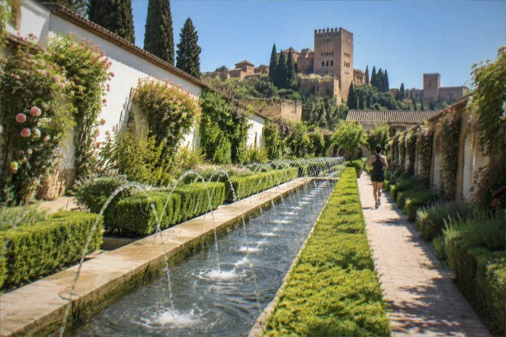 The gardens of the Generalife with water channels and clipped hedges under a clear sky