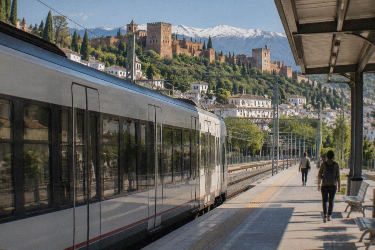A modern railway station platform in Granada with a passenger train waiting beside the tracks