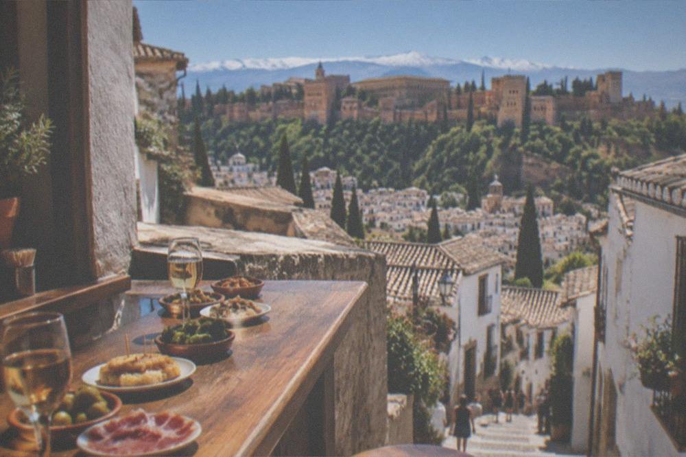 A bar counter with small plates of tapas and glasses of sherry arranged along it