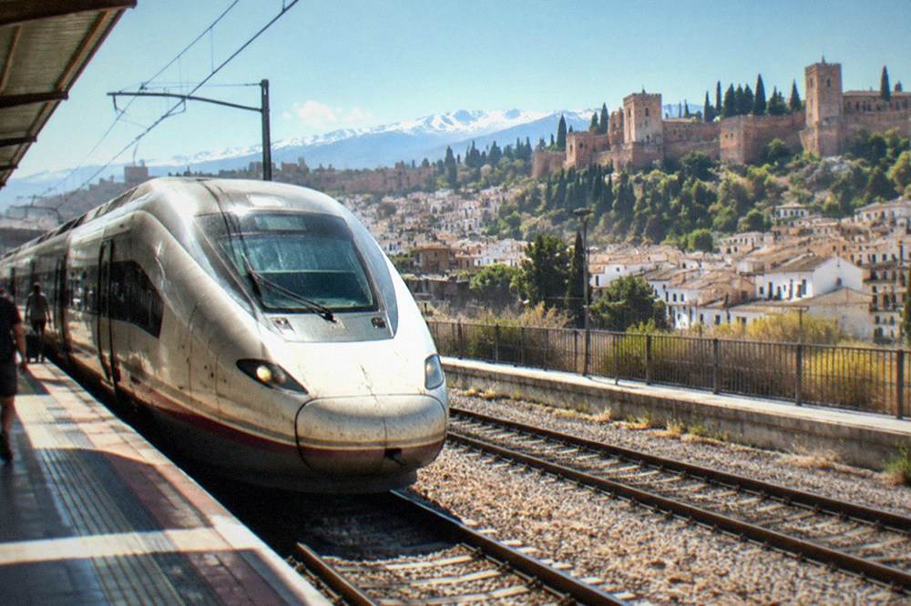 A high-speed train waiting at a Spanish railway station platform under a clear sky