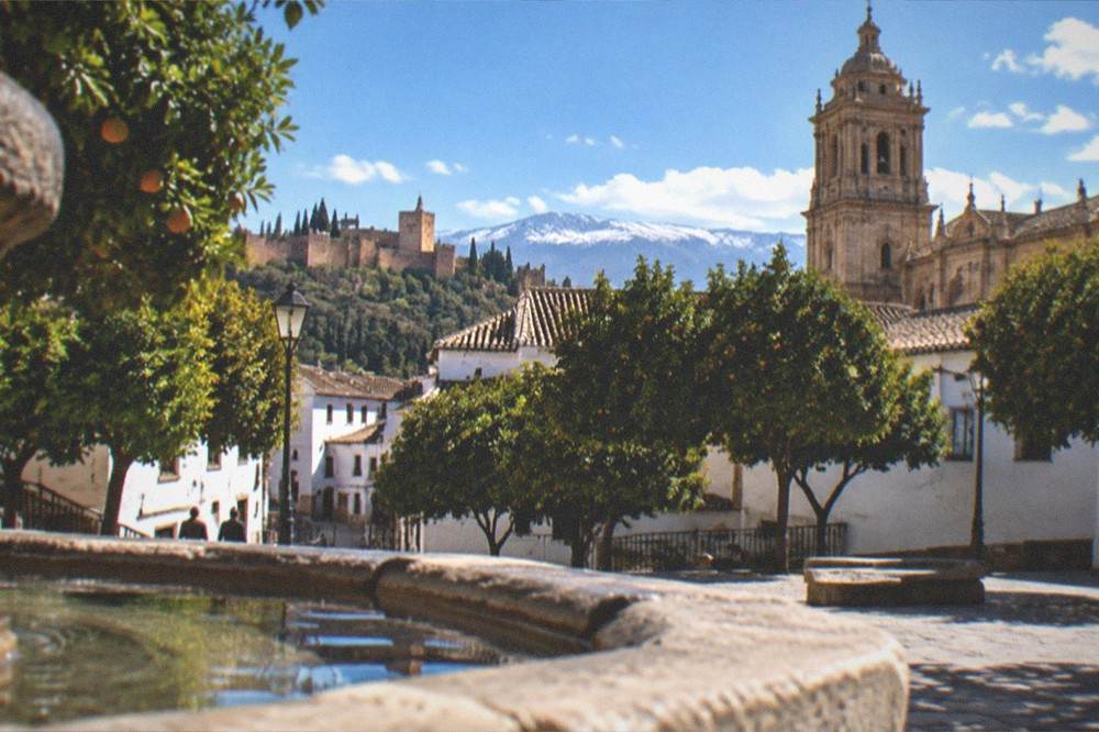 A quiet square with orange trees and a cathedral tower rising above the rooftops of an Andalusian old town